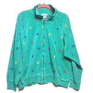 womens VTG Sweatshirt full zip XL 2XL Aqua ARIEL geometric embroidery allover LS